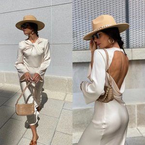 Zara Woman FW22 Open Back Satin Effect Midi Dress 8741/243 (ivory)